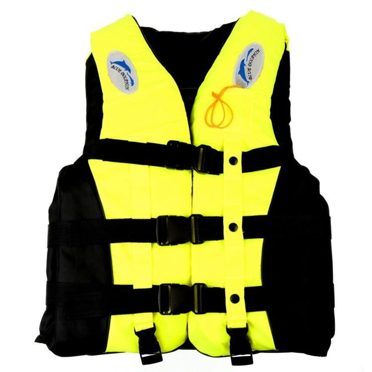 Bright yellow life jacket with black harness straps and front snap closure