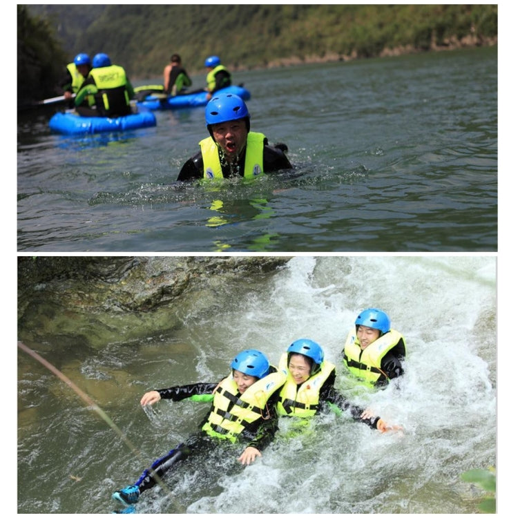 Children wearing lime yellow life jackets with black harness straps in the water