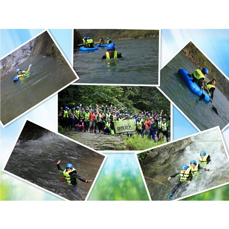 Group wearing lime green life jackets in and around the water