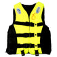 Adult life jacket in bright yellow with black harness straps and front buckle closure