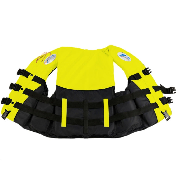Adult life jacket in bright yellow with black side straps and adjustable bands