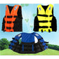 Assorted adult life jackets in orange, yellow, and blue with black harness straps