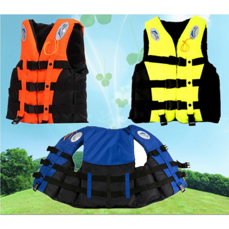 Assorted adult life jackets in orange, yellow, and blue with black harness straps