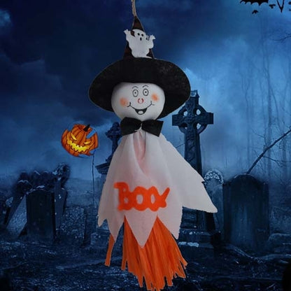 Hanging Halloween ghost decoration with black witch hat, white body, and orange skirt