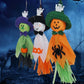 Set of 3 hanging Halloween ghost decorations in purple, black-and-white, and green