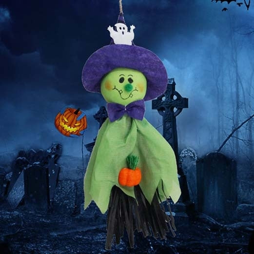 Hanging Halloween ghost decoration with purple witch hat, green body, and pumpkin design