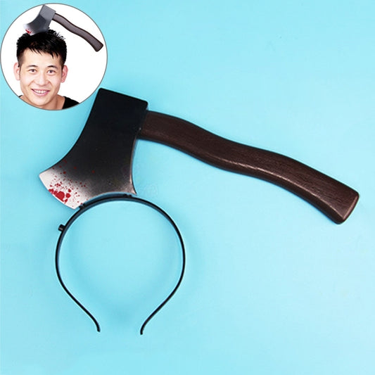 Axe hair hoop costume headband with black band and brown-handled axe