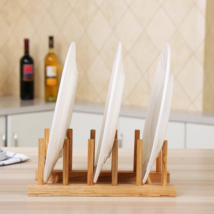Light wood 5-slot plate drip rack with vertical posts and tray base