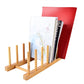 Light wood 5-slot plate drip rack holding stacked plates with back support