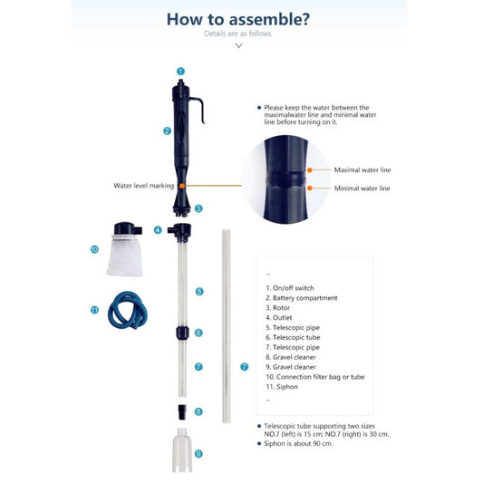 Aquarium battery cleaner parts layout with adjustable tube and suction accessories