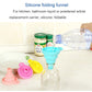 Turquoise foldable silicone funnel attached to a bottle neck