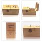 Wooden useless box shown open, revealing interior with push-button panel