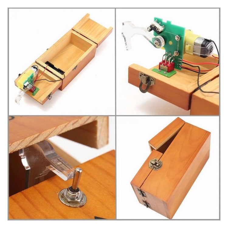 Wooden useless box with visible internal mechanism and push-button assembly