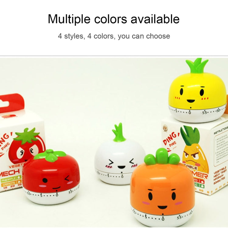 Set of colorful mechanical vegetable kitchen timers in red, orange, and yellow styles
