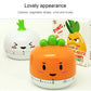 Orange vegetable kitchen timer with smiling face and green top leaves on round base
