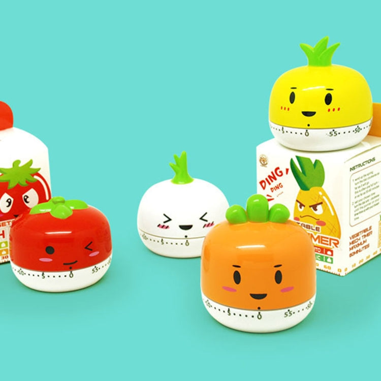 Collection of cartoon vegetable kitchen timers: red tomato, white onion, yellow pineapple