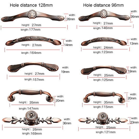 Cabinet handle styles with hole distance and size measurements diagram