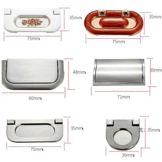 Hidden drawer handles in multiple finishes with cutout panel and size diagrams