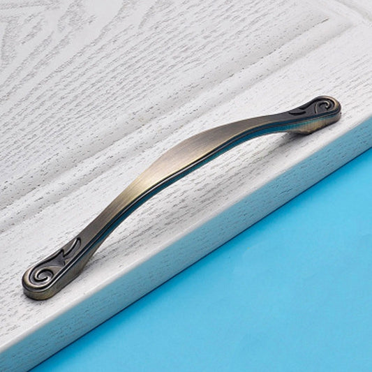 Curved antique cabinet handle, bronze-toned bar with dark end plates