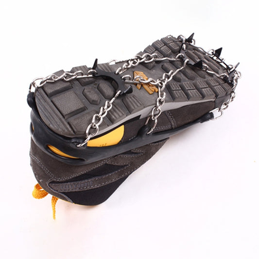 Black ice gripper shoe cover with chain straps and 8-tooth spikes, yellow accent