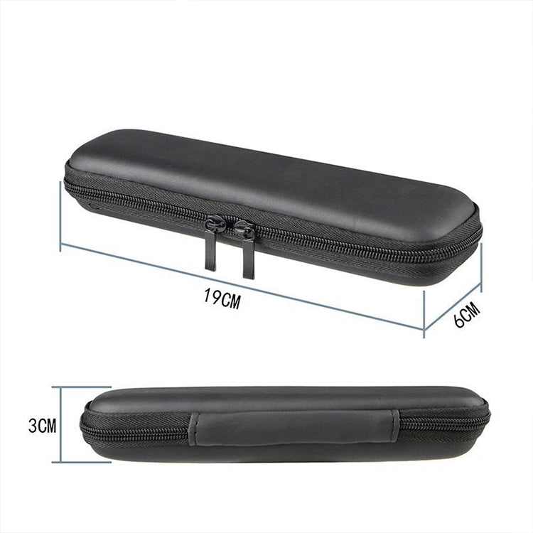 Dark hard-shell cable storage case with zipper, compact oval shape
