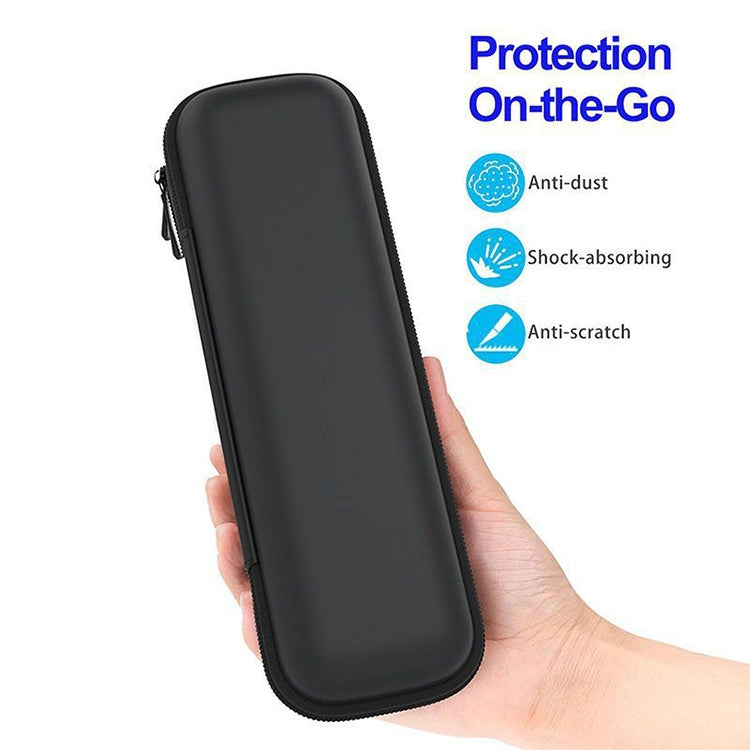 Dark hard-shell cable case held in hand, rounded shape with zip closure
