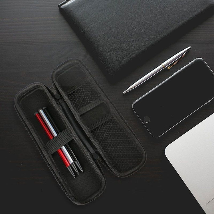 Dark zipper cable case on desk, interior mesh pocket with elastic strap