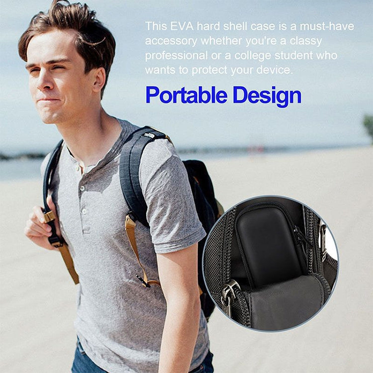 Dark portable cable storage case on backpack strap, compact protected design