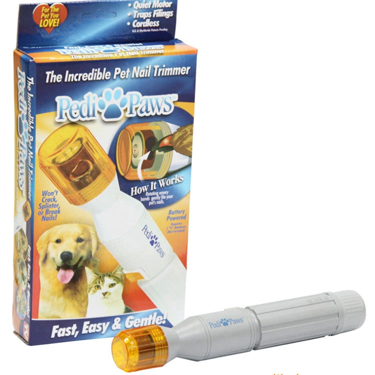 Electric pet nail grinder tool with clear orange front cap and white handle