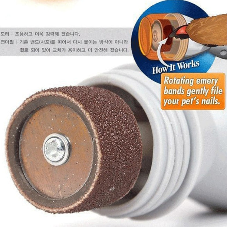 Rotating emery sanding band disk at end of electric pet nail grinder