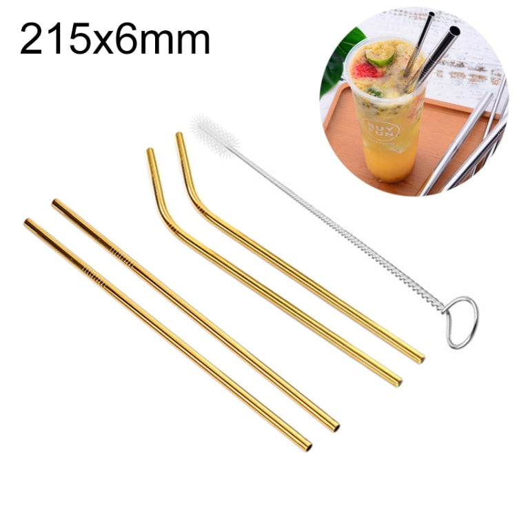 Reusable stainless steel straw set with cleaner brush, 215x6mm, gold-tone straws