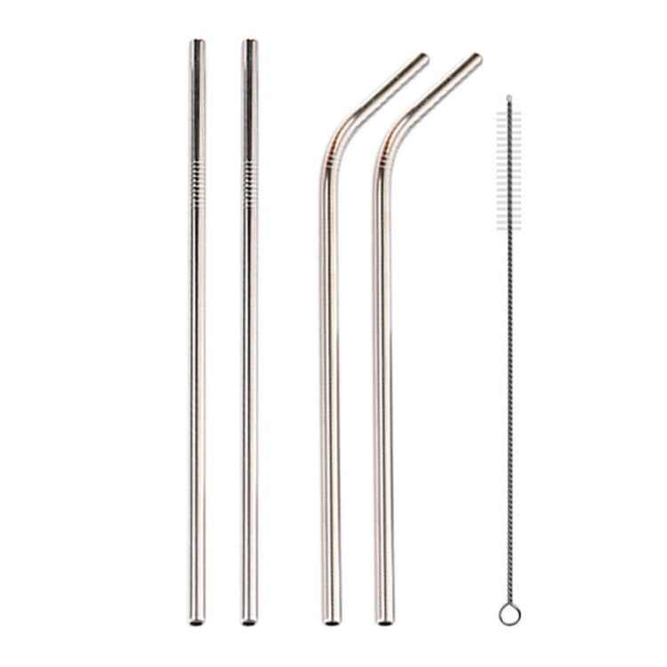 Four silver stainless steel drinking straws with matching cleaning brush