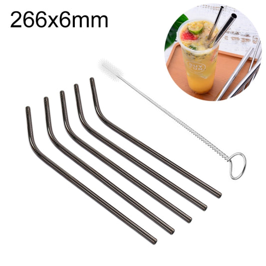 Set of bent stainless steel drinking straws with cleaning brush, black, 266mm