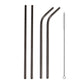 4 black reusable drinking straws, two straight and two bent, with cleaning brush