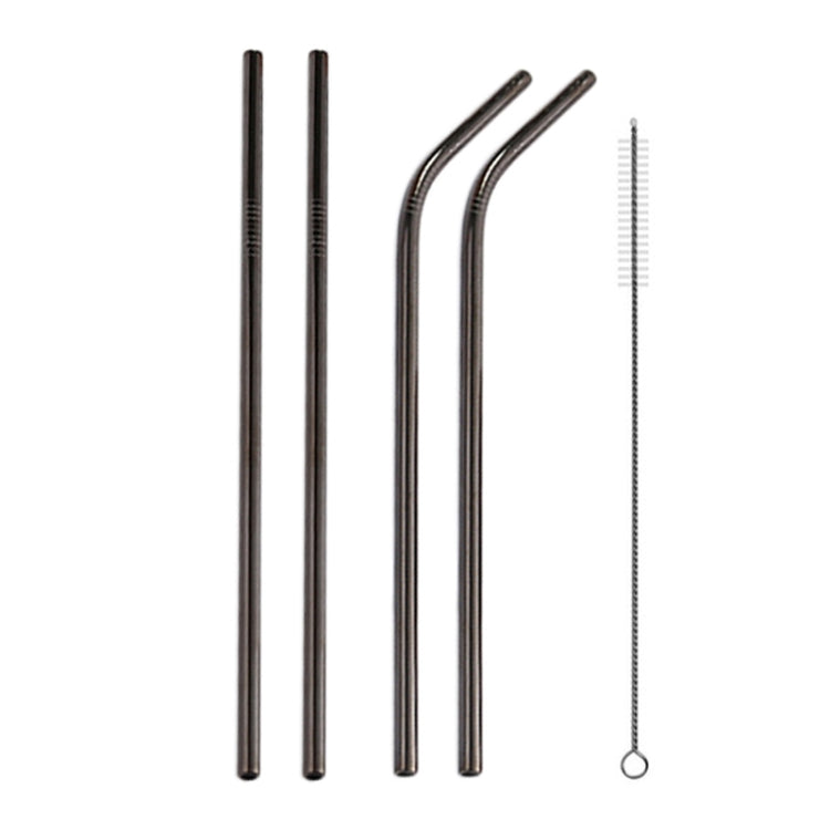 4 black reusable drinking straws, two straight and two bent, with cleaning brush