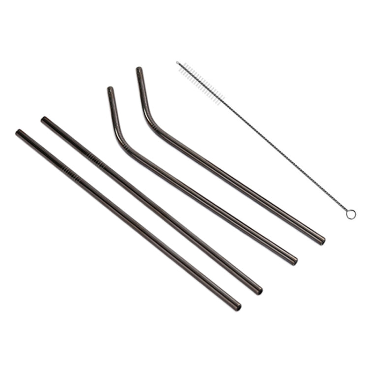 Reusable black drinking straws with cleaning brush, mix of straight and curved shapes