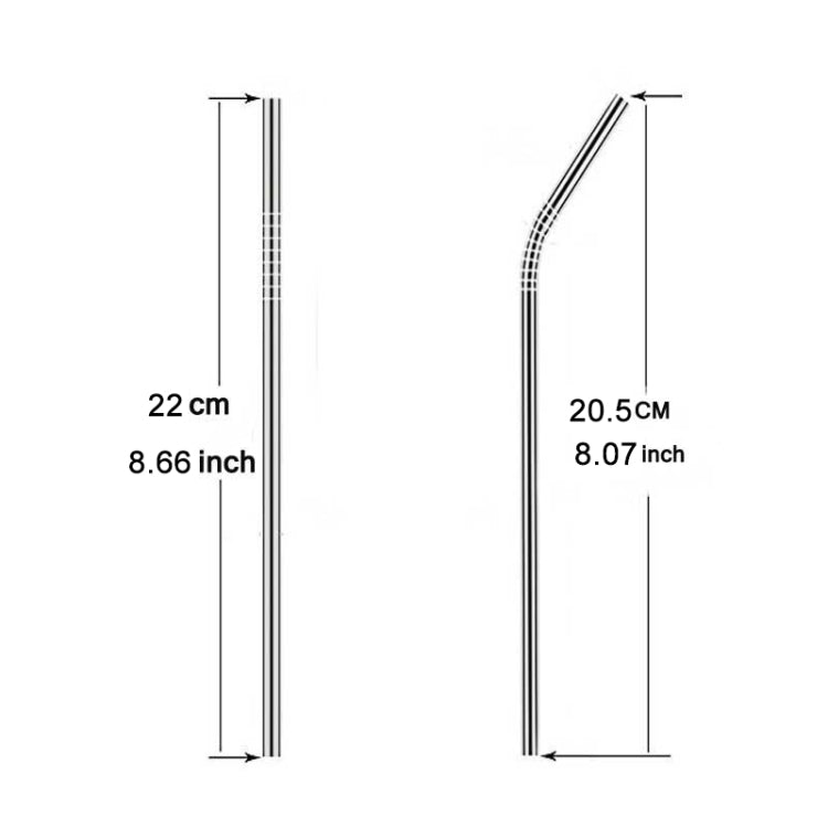 Stainless steel drinking straw lengths shown: 22 cm and 20.5 cm, black finish