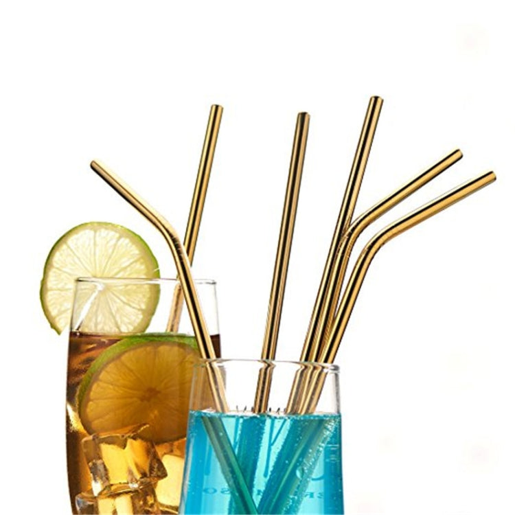 Reusable gold stainless steel drinking straws with bent tips for cold drinks