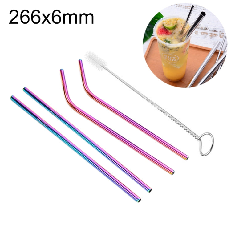 Set of four rainbow finish reusable drinking straws with included cleaning brush