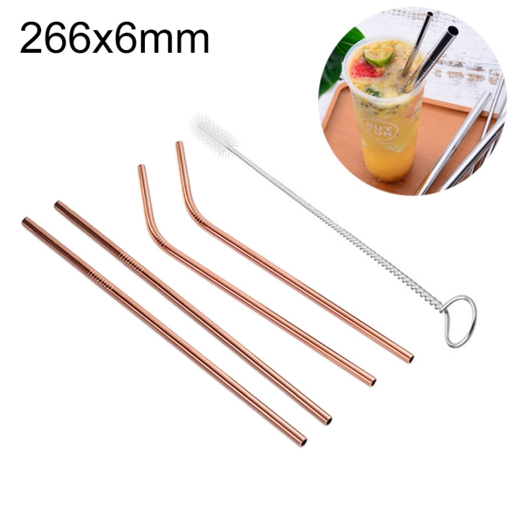 Set of four rose gold reusable drinking straws with included cleaning brush