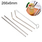 Set of four silver reusable drinking straws with included cleaning brush