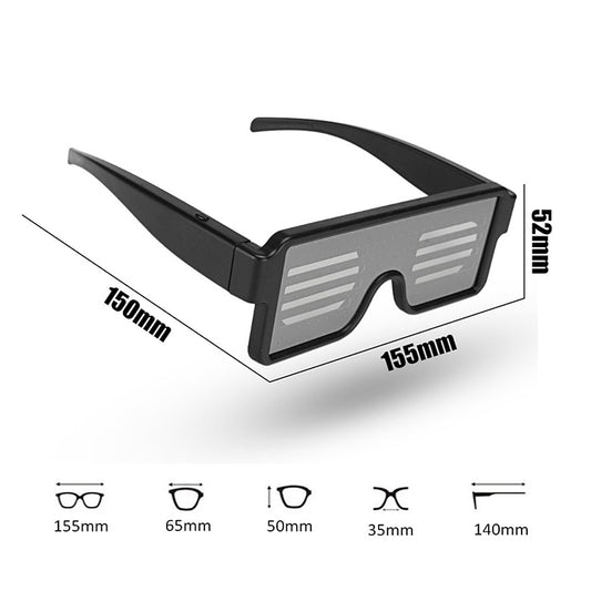 Black LED light-up shutter glasses, front view with size measurements shown