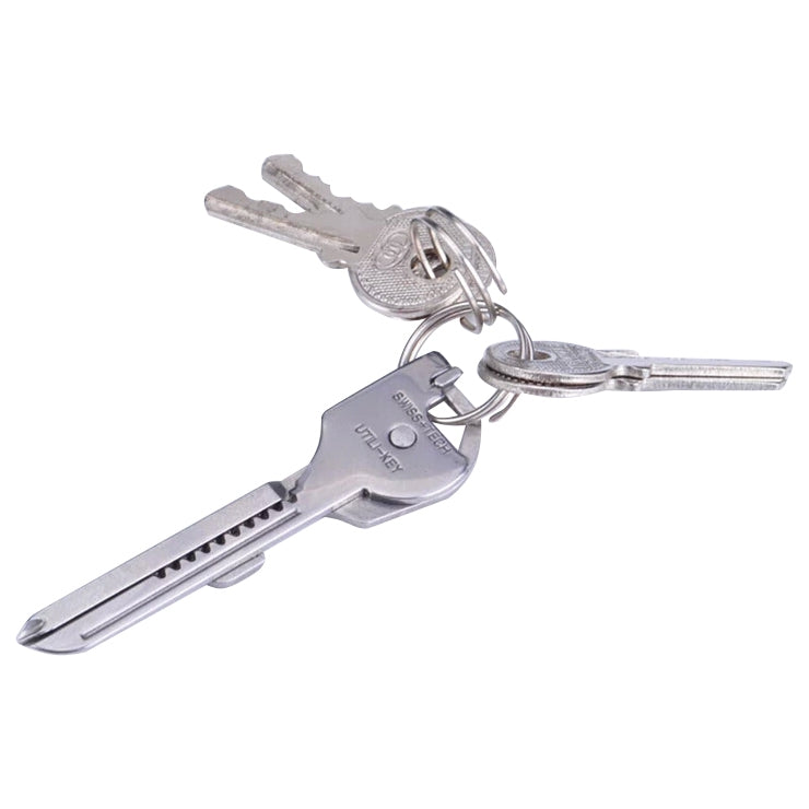 Stainless steel keyring multi-tool with flat blade and toothed saw edge