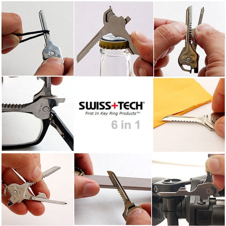 Stainless steel 6-in-1 multi-tool keychain with fold-out accessories