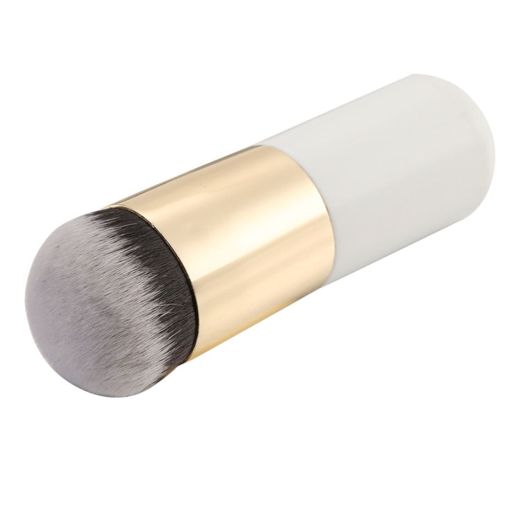 Large round makeup brush with white handle, gold collar, soft dense bristles