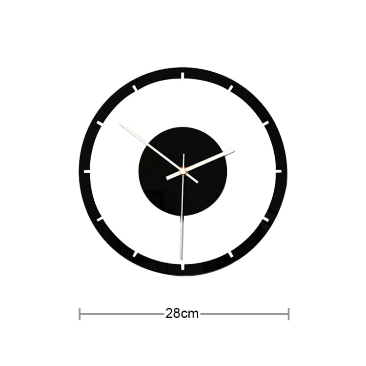 Round wall clock with black rim and clear face, black center disc, gold hands; 28cm