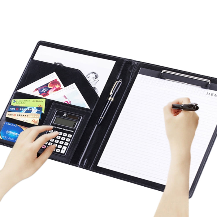 Blue document folder with calculator and notepad pages open, writing on memo sheet