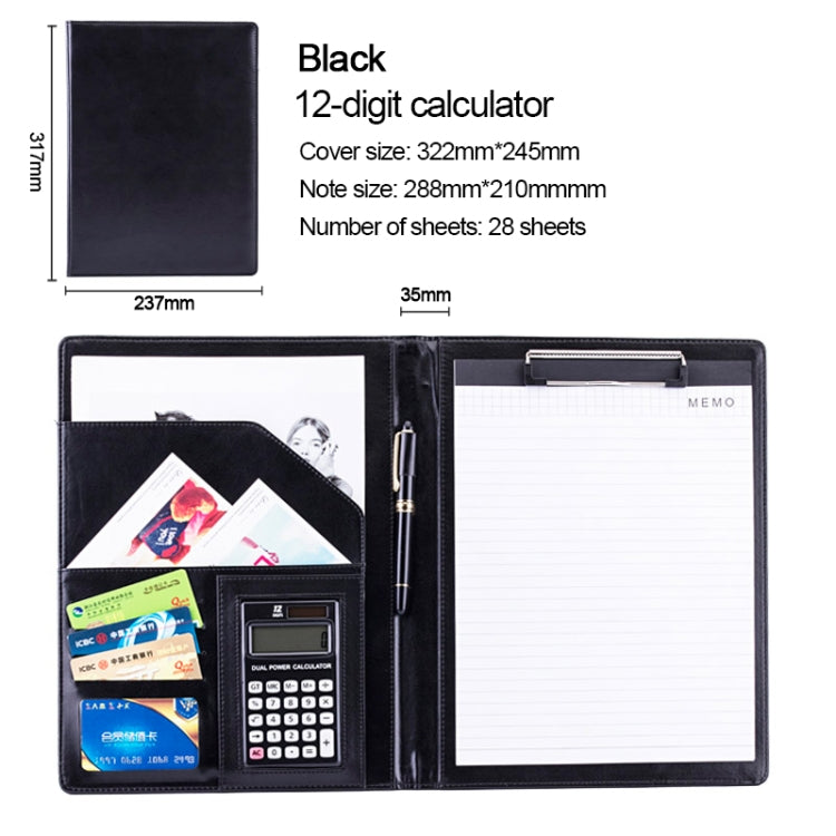 Black leather document folder set with calculator and memo pad, flat layout view