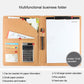 Light brown leather document folder with calculator, cards, and memo pad, open view