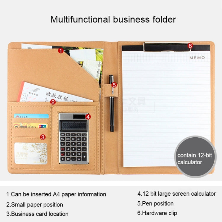 Light brown leather document folder with calculator, cards, and memo pad, open view
